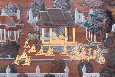 Muurschildering met scènes uit de Ramayana in Wat Phra Kaeo, het Koninklijk Paleis, Bangkok, Thailand