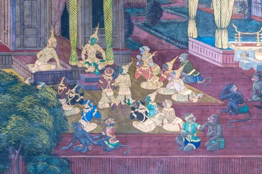 Muurschildering met scènes uit de Ramayana in Wat Phra Kaeo, het Koninklijk Paleis, Bangkok, Thailand