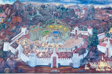 Muurschildering met scènes uit de Ramayana in Wat Phra Kaeo, het Koninklijk Paleis, Bangkok, Thailand