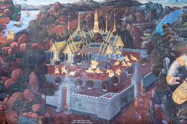 Muurschildering met scènes uit de Ramayana in Wat Phra Kaeo, het Koninklijk Paleis, Bangkok, Thailand