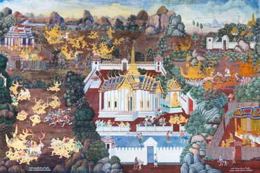 Muurschildering met scènes uit de Ramayana in Wat Phra Kaeo, het Koninklijk Paleis, Bangkok, Thailand