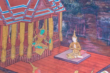 Muurschildering met scènes uit de Ramayana in Wat Phra Kaeo, het Koninklijk Paleis, Bangkok, Thailand