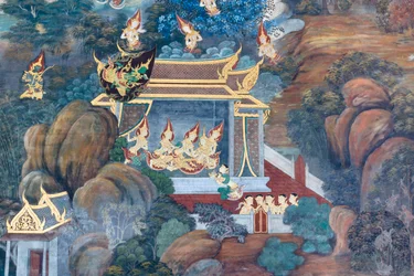 Muurschildering met scènes uit de Ramayana in Wat Phra Kaeo, het Koninklijk Paleis, Bangkok, Thailand