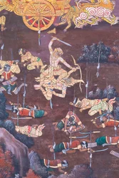 Muurschildering met scènes uit de Ramayana in Wat Phra Kaeo, het Koninklijk Paleis, Bangkok, Thailand
