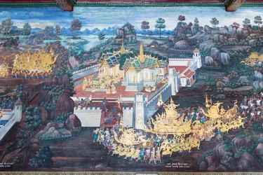 Muurschildering met scènes uit de Ramayana in Wat Phra Kaeo, het Koninklijk Paleis, Bangkok, Thailand