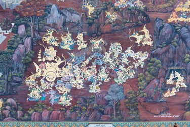 Muurschildering met scènes uit de Ramayana in Wat Phra Kaeo, het Koninklijk Paleis, Bangkok, Thailand