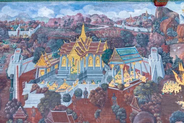Muurschildering met scènes uit de Ramayana in Wat Phra Kaeo, het Koninklijk Paleis, Bangkok, Thailand