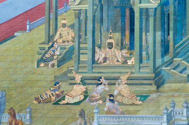 Muurschildering met scènes uit de Ramayana in Wat Phra Kaeo, het Koninklijk Paleis, Bangkok, Thailand