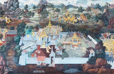 Muurschildering met scènes uit de Ramayana in Wat Phra Kaeo, het Koninklijk Paleis, Bangkok, Thailand
