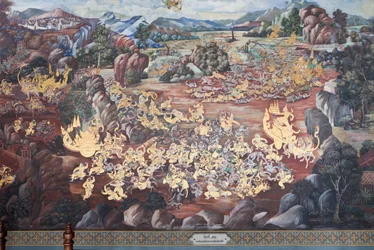 Muurschilderingen die scènes uit de Ramakian uitbeelden in Wat Phra Kaeo, het Koninklijk Paleis, Bangkok, Thailand