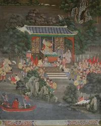 Scène met Chinese invloed, Sala Geng, Wat Bowonniwet Vihara, Bangkok