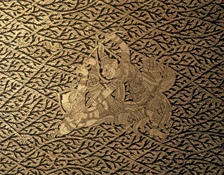 THAISE KUNST: Een episode uit de "Ramayana" met Kra Nak decoratie. Boekenkast, Bangkok St...