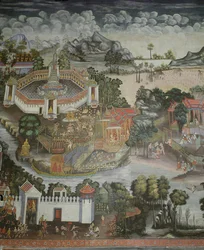 Stad Phitsanulok en fontein met beelden van de Boeddha, Wat Bowonniwet Vihara, Bangkok