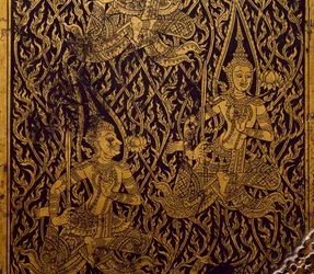 Kast voor soetra, gesneden en gelakt hout, uit Bangkok, Thailand, Detail, Thaise beschaving, begin 19e eeuw