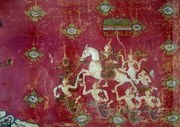 Boeddhisme: scène uit het leven van Boeddha: het Grote Vertrek (detail)