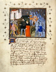 (Hele folio) Koning Richard II, gevangen genomen door Henry Bolingbroke naar Londen, doet afstand van de troon; versierde rand met tekst eronder.