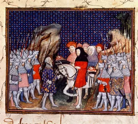 Harley 1319, fol.44, Koning Richard II ontmoet de Graaf van Northumberland in Conway en biedt aan de kroon neer te leggen