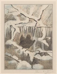 Winterkoninkje op besneeuwde tak