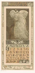 Kalenderblad augustus met witte pauw; Kalender 1910, 12 lithografieën door Th. v. Hoytema (serietitel)