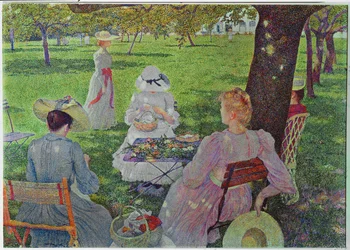Familie in een tuin met fruitbomen (schilderij op canvas)
