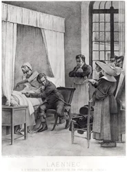 Rene Theophile Hyacinthe Laennec luistert naar de borst van een man met tuberculose