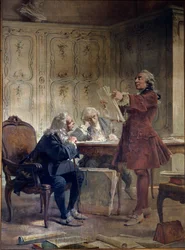 De naturalist en intendant van de Jardin du roi Georges-Louis Leclerc, Graaf van Buffon (1707-1788) leest de eerste bladen van zijn natuurhistorische werk voor aan de botanicus Bernard de Jussieu (1699-1777) en de naturalist Edme-Louis Daubenton (1732-17
