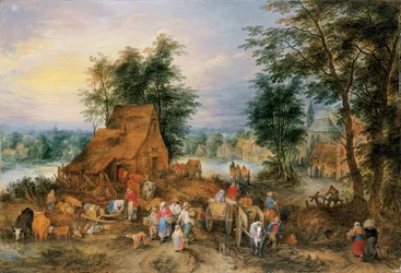 Een dorpsscène met werkende boeren