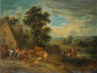Landschap met Boeren en Vee bij een Huisje
