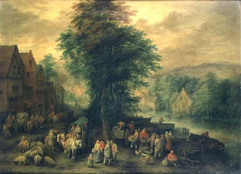 Boslandschap met boeren, wagens en vee