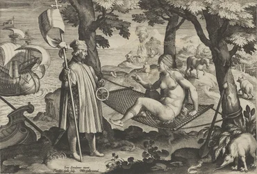 Nieuwe uitvindingen van moderne tijden [Nova Reperta], De ontdekking van Amerika, plaat 1, ca. 1600