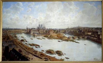 Panoramisch uitzicht op Parijs en het Ile de la Cité in 1588 vanaf de daken van het Louvre, de Pont Neuf in aanbouw