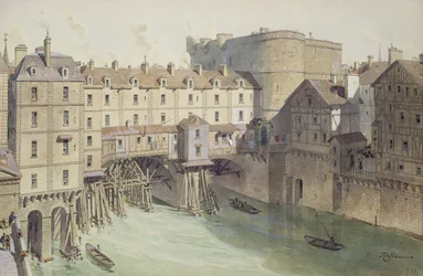 Uitzicht op Petit Chatelet en de Petit Pont in 1717, illustratie uit 