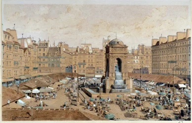 Gezicht op de Marche en de fontein van de onschuldigen in Parijs in de 19e eeuw. Aquarel door Theodore Joseph Hubert Hoffbauer (1839-1922) 19e eeuw Parijs, Musee Carnavalet