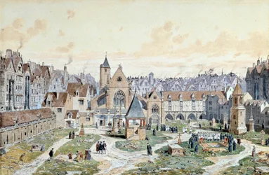 Uitzicht op de begraafplaats van de Onschuldigen in Parijs in 1550