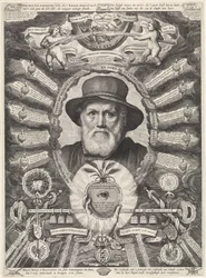 Portret van Dirck Volckertsz. Coornhert in allegorische omlijsting