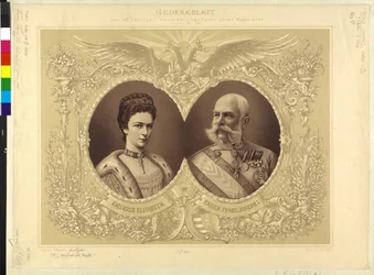 Keizer van Oostenrijk met familie Herdenkingspapier van de 40-jarige huwelijksceremonie van Hare Majesteit 24 april 1854 1894