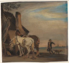 Jongen die water brengt naar twee paarden (kopie naar schilderij van Paulus Potter in het Louvre)