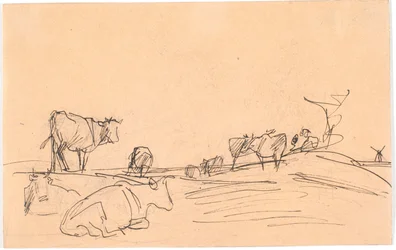 Landschap met liggende en staande koeien