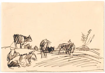 Landschap met liggende en staande koeien