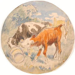 Twee kalveren in de natuur, likkend aan een omgevallen paardenbloem (schets voor keramische schaal)