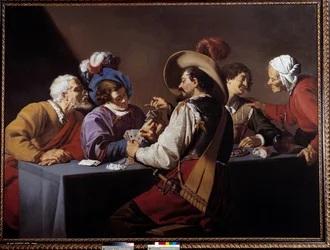 Kaartspelers, de brelan Schilderij door Theodore Rombouts (1597-1637) 17e eeuw Antwerpen, Koninklijk Museum