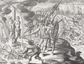 Executie van twee Payaguá-indianen die werden beschuldigd van het doden van Juan de Ayolas (overl.1537?), uit 