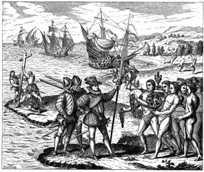 Christoffel Columbus (1451-1506), Genuese ontdekkingsreiziger, bij de ontdekking van Amerika - 12 mei 1492. Naar een gravure van Théodore de Bry, 1590.