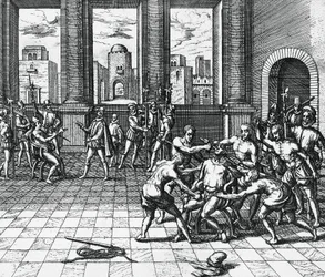 Inca-keizer Atahualpa gewurgd door Pizarro