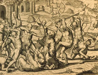 Martelaarschap van missionarismonniken in Zuid-Amerika, gravure uit Historia americae, door Theodor de Bry