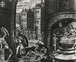 Priester doodt slachtoffer van nepgevecht en vilt vervolgens het lichaam, Mexico, gravure uit Peregrinationes, door Theodor de Bry (1528-1598), Midden-Amerika