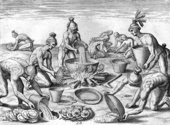 Timucua-indianen bereiden een feestmaal voor