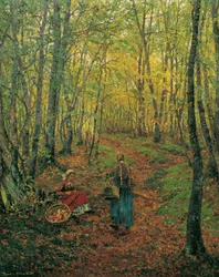 Binnen in het bos met een meisje dat paddenstoelen zoekt