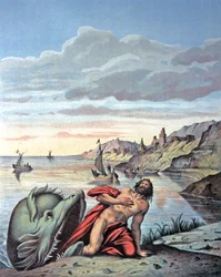 Jonas komt uit de buik van de walvis, midden 19e eeuw (illustratie)