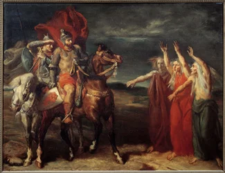 Macbeth en de drie heksen Illustratie van scène 3 van acte I van het toneelstuk 